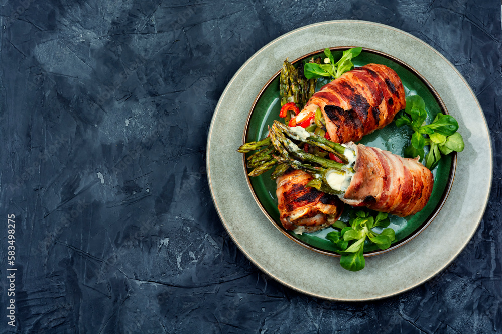 Bacon meat roll stuffed with asparagus. Bacon meat roll stuffed with asparagus.