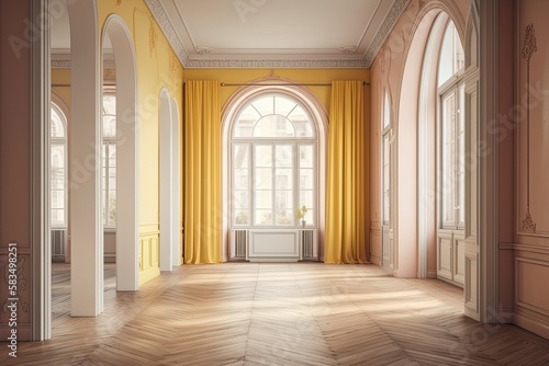 Neoclassical architecture concept, empty room interior design in white and yellow pastel tones, parquet wood floor, molded walls, arched doors with curtains,. Generative AI photo