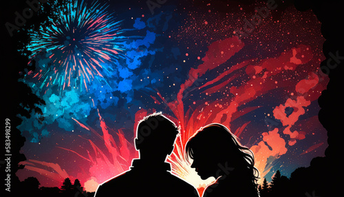 silhouette of a couple watching a firework display - Generative AI © Florian