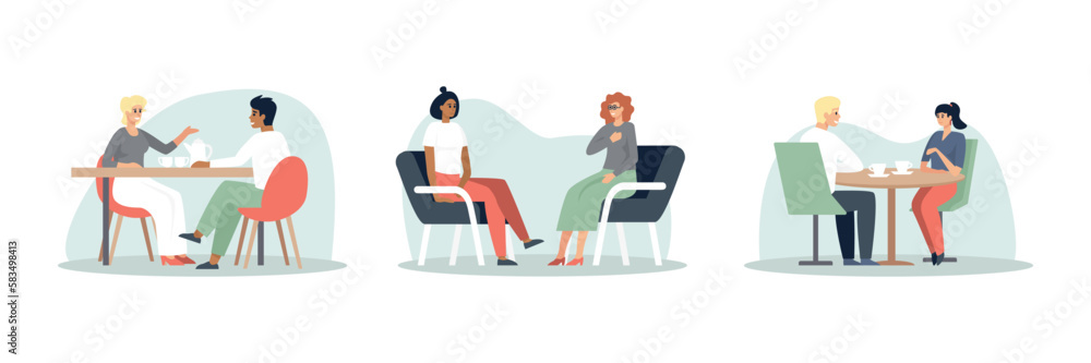 Set of colored cartoon characters meeting and talking. Colleagues having conversation in modern restaurants. Friends spending time together in cafe. Vector