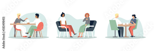 Set of colored cartoon characters meeting and talking. Colleagues having conversation in modern restaurants. Friends spending time together in cafe. Vector