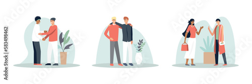 Set of different cartoon characters feeling happy when meeting. Friends spending time together. Human communication and behavior. Bonding relationships between people. Vector