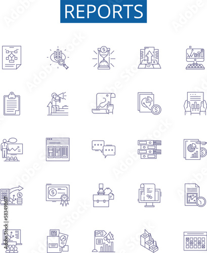 Reports line icons signs set. Design collection of Records, Surveys, Findings, Evaluations, Accounts, Analyses, Summaries, Data outline concept vector illustrations