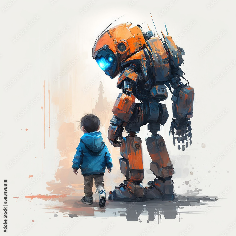 Ein kleines Kind mit einem blauen Pullover läuft neben einem großen orangen Roboter entlang erstellt mit Generative AI Technologie