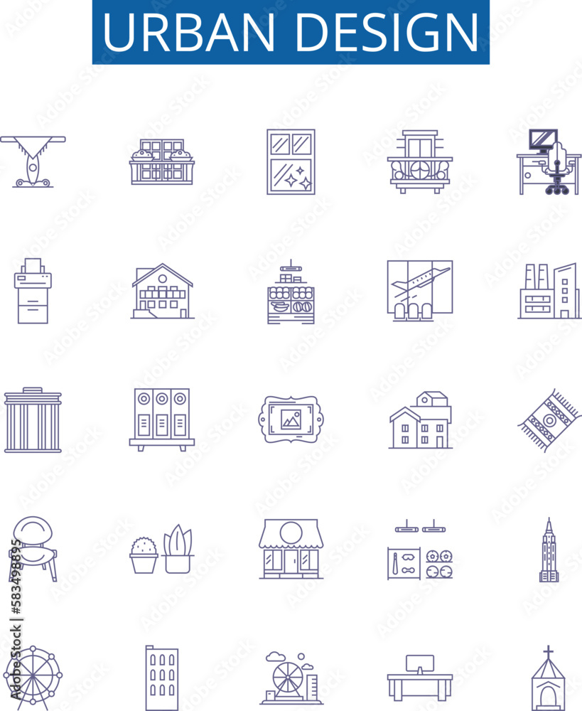 Urban design line icons signs set. Design collection of Urban, Design, Architecture, Placemaking, City, Streetscape, Landscape, Sustainability outline concept vector illustrations
