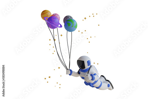 3d illustration of astronaut flying with planet balloons. Astronaut Floating With Planet balloons In Space. 3D Illustration

