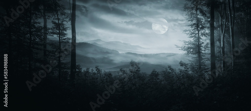 dark fantasy forest landscape at night with moon and clouds in the sky
