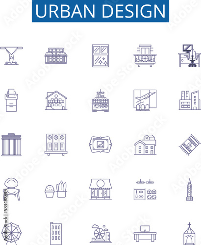 Obraz na płótnie Urban design line icons signs set. Design collection of Urban, Design, Architecture, Placemaking, City, Streetscape, Landscape, Sustainability outline concept vector illustrations w salonie