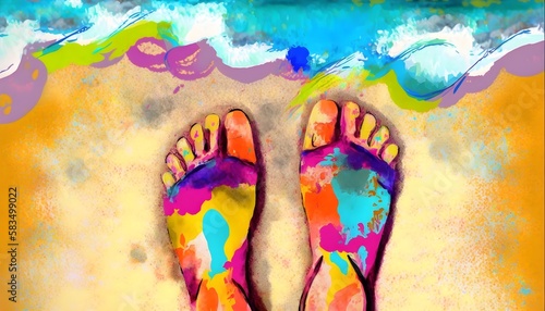 Painting of colorful feet with flip-flops on sandy beach, Generative AI