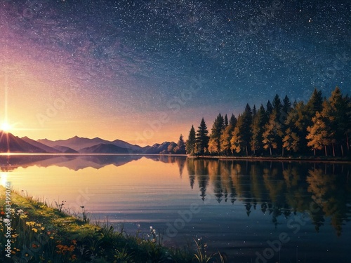 sunrise over the lake, visual novel background