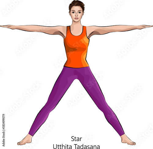 Young woman practicing yoga, doing Star pose or Five Pointed Star pose or Utthita Tadasana. Standing and Neutral. Beginner. Vector illustration isolated on white background.