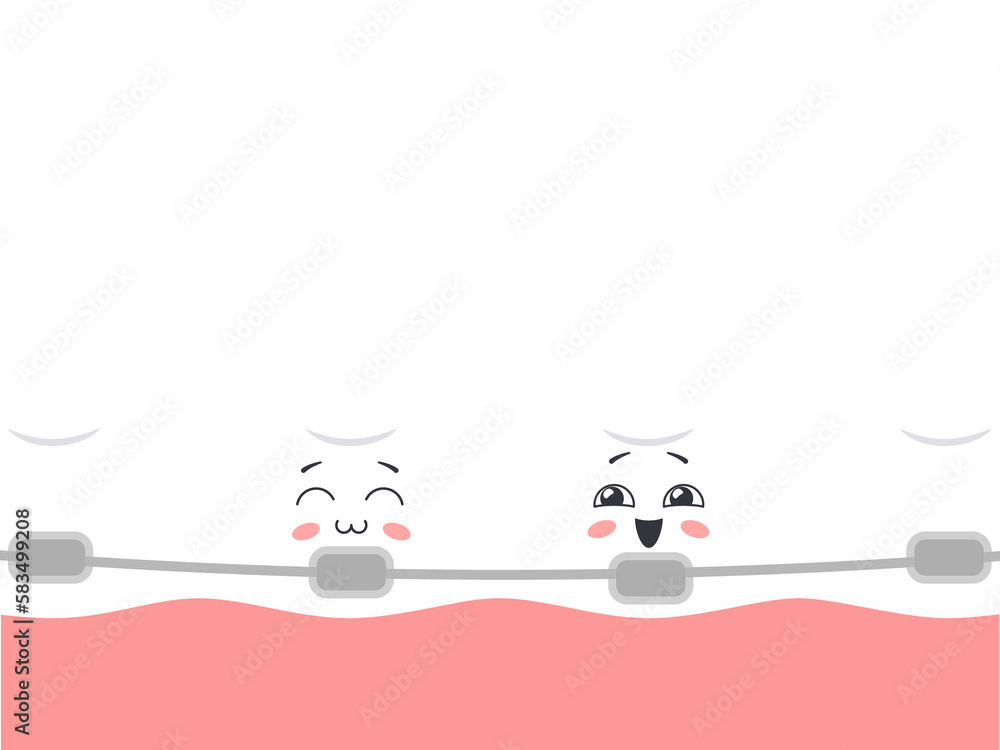 Fototapeta premium Background with cartoon teeth with orthodontic braces. Illustration on transparent background