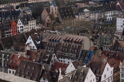 View to strasbourg building Skyline aerial view of Strasbourg old town, Grand Est region, France. Strasbourg Cathedral. View to Place Gutenberg square