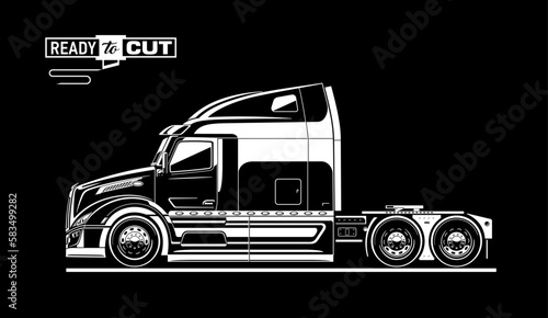  Classic american semi truck. Isolated vehicle on black background. Side view. Ready for printing and cutting (Cricut, Silhouette, Cameo). 