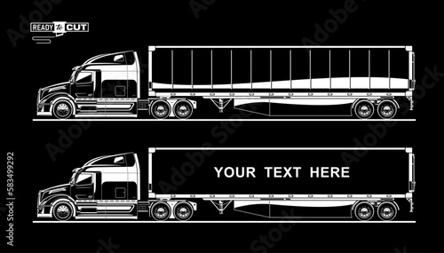  Classic american semi truck. Isolated vehicle with trailer on black background. Side view. Ready for printing and cutting (Cricut, Silhouette, Cameo). 