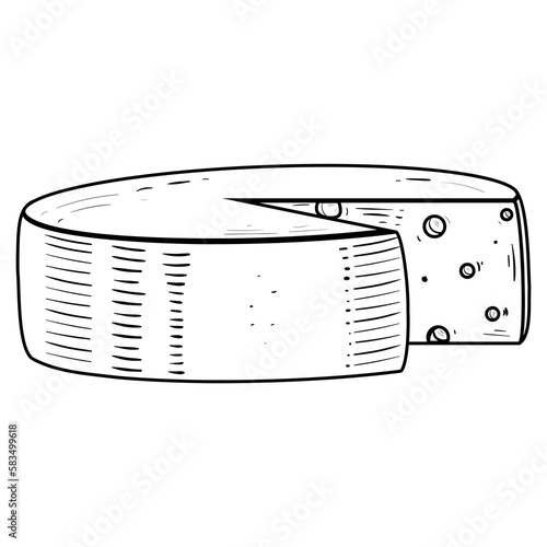 Swiss or Holland cheese wheel hand drawn illustration icon. Emmental, Cheddar or Edam cheese lump with holes.