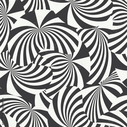 Vector geometric seamless pattern. Optical illusion black white digital paper. Hypnotic effect striped motley shapes endless texture. Surface design backdrop for wrapping paper, fabric, wallpaper, web