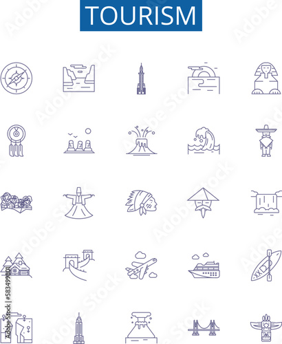 Tourism line icons signs set. Design collection of Travel, Sightseeing, Holiday, Vacation, Adventure, Hotels, Exploring, Trips outline concept vector illustrations