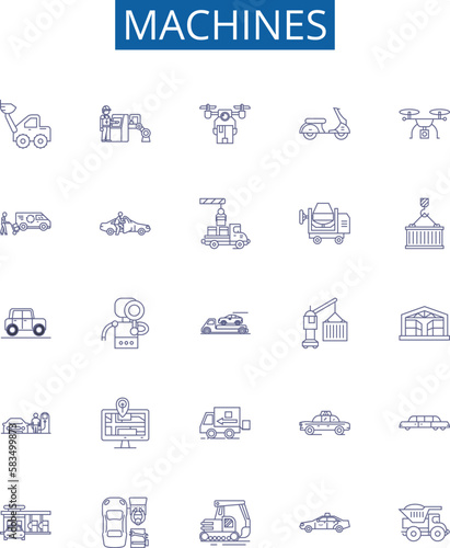 Machines line icons signs set. Design collection of Robots, Automata, Computers, Electronics, Tools, Engines, Gadgets, Devices outline concept vector illustrations
