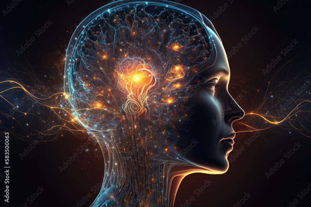 Astral body woman silhouette bust at abstract space background neural network AI generated art Astral body woman silhouette bust at abstract space background neural network AI generated art