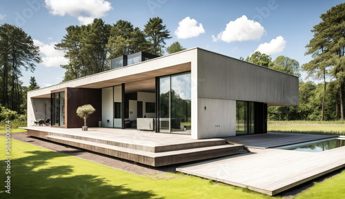 Concrete and glass. Ultra-modern minimalistic style one-story house design. Generative AI © piai