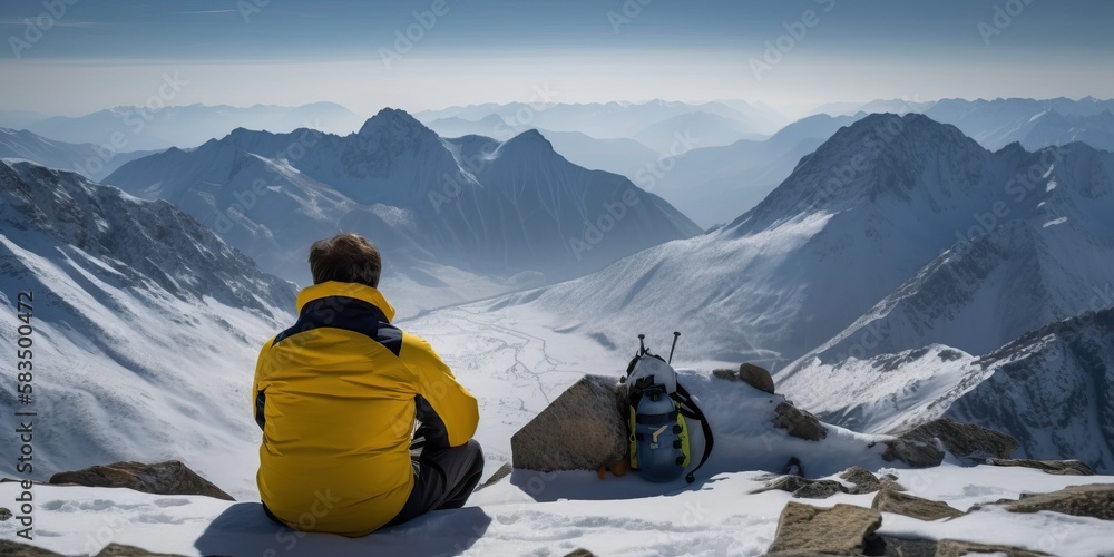 hiker enjoying snowy scenic view after climbing mountains and hills, generative ai