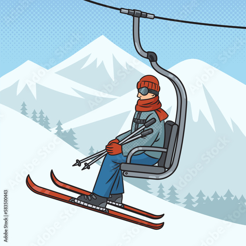 skier rides mountain on ski lift pinup pop art retro vector illustration. Comic book style imitation.