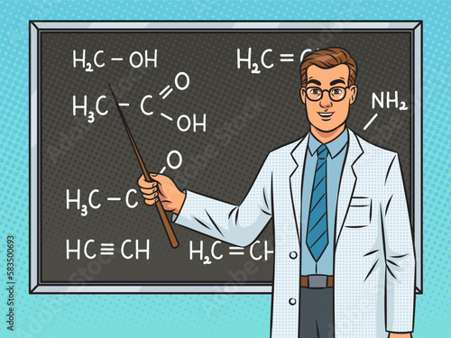 chemistry teacher shows chemical formulas at the blackboard pop art retro vector illustration. Comic book style imitation.