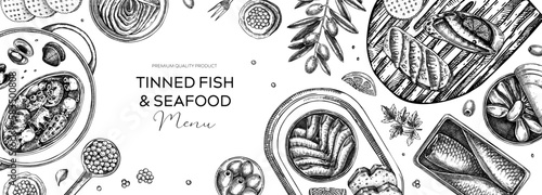Wallpaper Mural Tinned fish board design. Hand drawn seafood background in sketch style. Canned fish and shellfish isolated white. Sardines, caviar, mackerel, tuna, mussels, olives, lemons vector banner template Torontodigital.ca