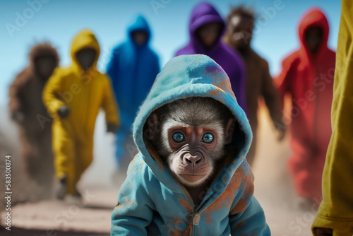 Group of baby baboons wearing plain color hoodies with vivid color bomb explosion backgrounds, cute and adorable animals, explosive colorful backgrounds, digital art. Generative AI