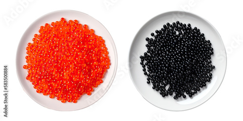 Set of plates with seafood, red caviar and black caviar isolated on transparent background - Generative AI