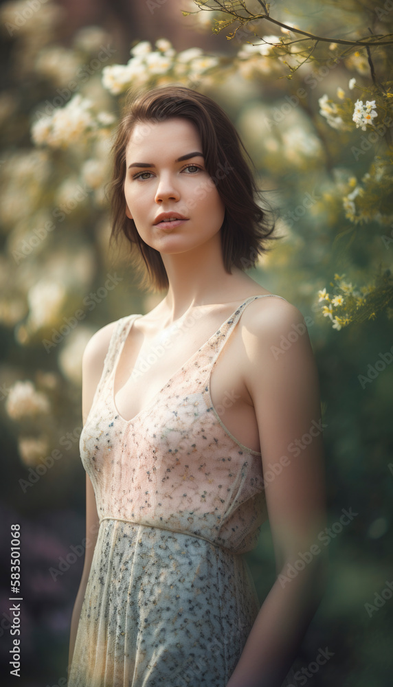 Happy springtime. Idyllic spring concept with a girl in bright light and vibrant colors on a sunny morning Happy springtime. Idyllic spring concept with a girl in bright light and vibrant colors on a sunny morning