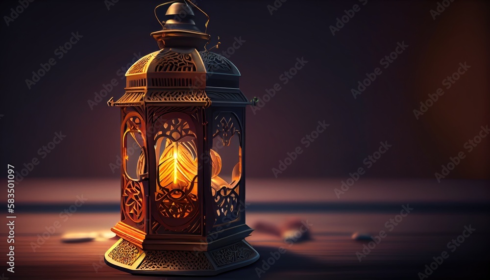 Ramadan Lantern. Lantern or candle lamp in islamic interior. illustration for Greeting card, site, banner, invitation, postcard for muslim holiday. Eid Mubarak Ramadan Kareem. Generative ai
