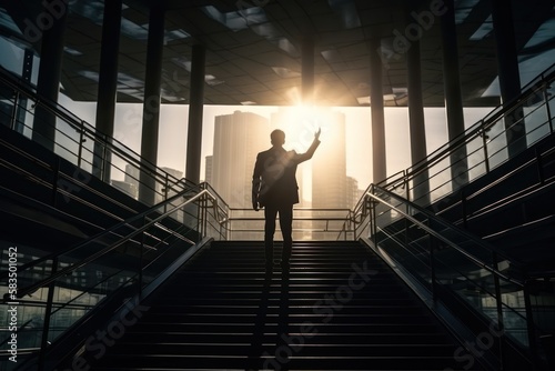 Reaching New Heights: Businessman Celebrating on Stairs, sucess upward momentum, GENERATIVE AI