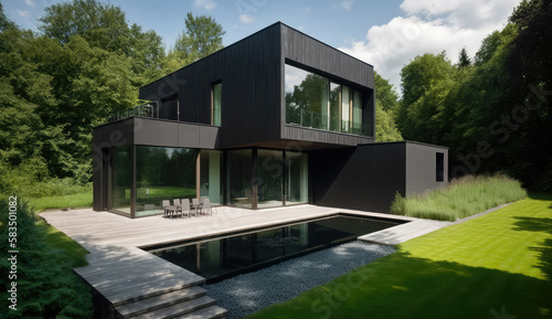 Ultra-modern minimalistic style black wood facade house design. Generative AI © piai