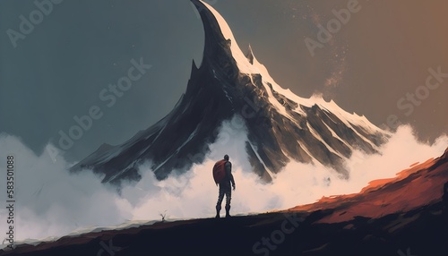 man standing on a hill looking at the strange mountain, digital art style, illustration painting, Generative AI © MG