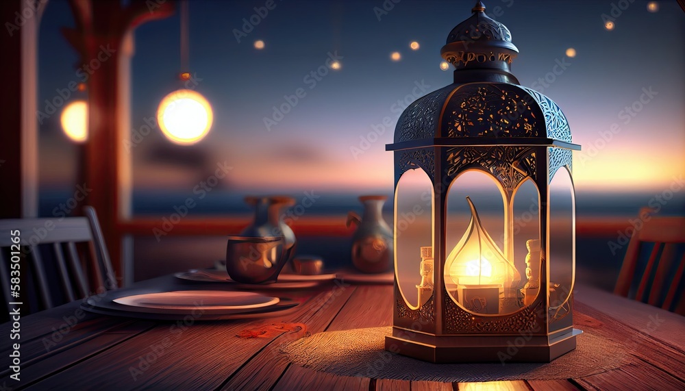 Ramadan Lantern. Lantern or candle lamp in islamic interior. illustration for Greeting card, site, banner, invitation, postcard for muslim holiday. Eid Mubarak Ramadan Kareem. Generative ai
