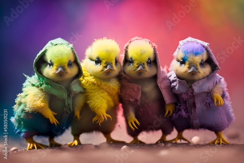 Group of baby chickens wearing plain color hoodies with vivid color bomb explosion backgrounds, cute and adorable animals, explosive colorful backgrounds, digital art. Generative AI © ShadowHero