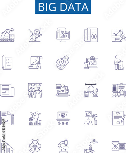 Big data line icons signs set. Design collection of Analytics, Storage, Predictive, Mining, Hadoop, Cloud, AI, Processing outline concept vector illustrations
