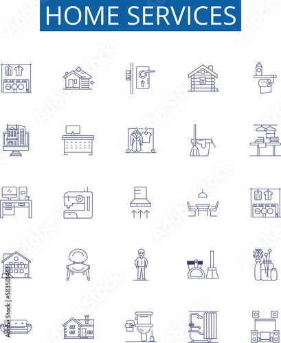 Home services line icons signs set. Design collection of Homecare, Cleaning, Repair, Maintenance, Plumbing, Heating, Painting, Pest outline concept vector illustrations