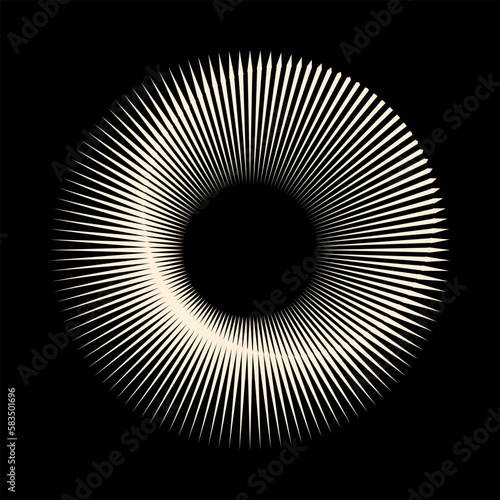 Circle from radial lines as icon or logo. Halftone white design element on black background.