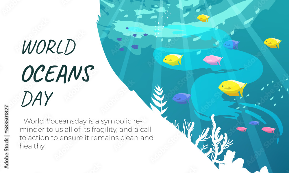 Fototapeta premium Day of Water and World Oceans Day, vector art. Global celebrate dedicated to protect and conserve oceans, problem of plastic water pollution, ecosystem, ecology of planet.