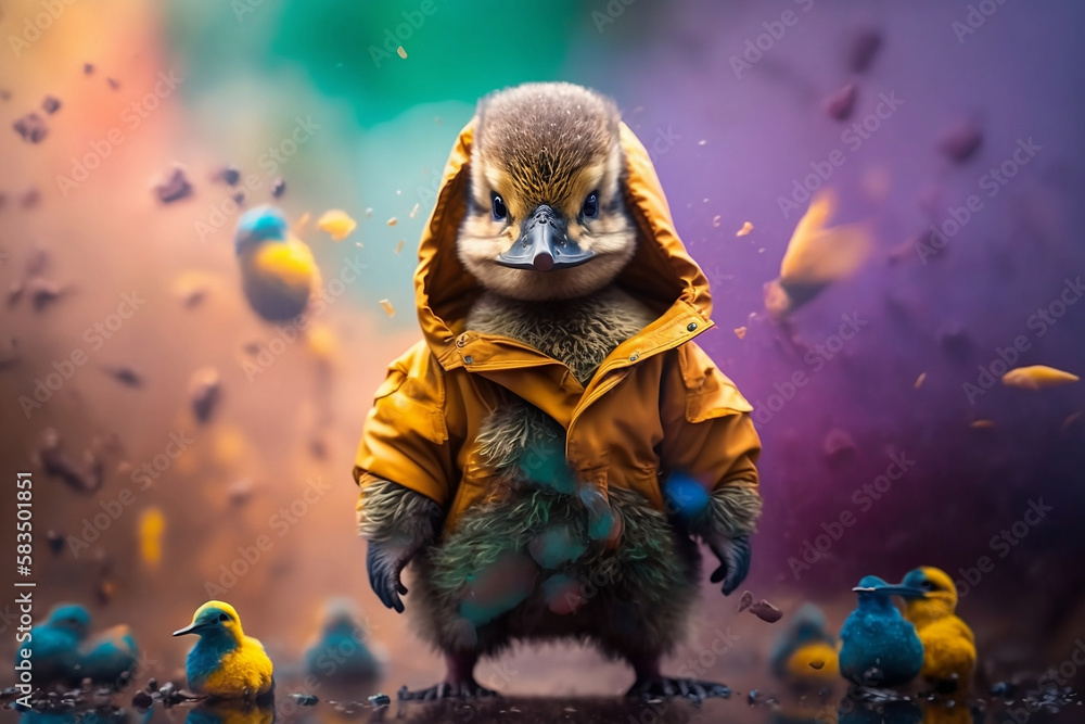 Baby duck wearing plain color hoodies with vivid color bomb explosion backgrounds, cute and adorable animals, explosive colorful backgrounds, digital art. Generative AI