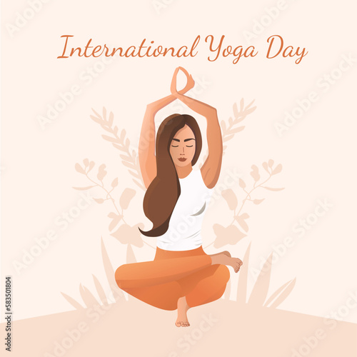 21 June- international yoga day, woman in yoga pose idea design for poster, banner illustration