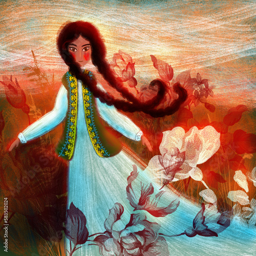 Fotografia Illustration of an ethnic girl with black braids in a field at sunset