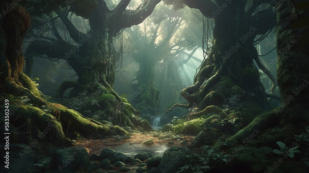 Fototapeta premium Deep Forest Fantasy Backdrop, Concept Art, CG Artwork, Realistic Illustration with Generative AI