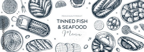 Tinned fish table design. Hand drawn seafood restaurant design in sketch style. Canned fish and shellfish isolated white background. Sardines, caviar, mackerel, tuna, mussels vector food illustrations