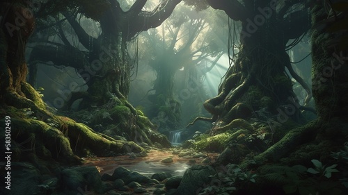 Deep Forest Fantasy Backdrop  Concept Art  CG Artwork  Realistic Illustration with Generative AI 