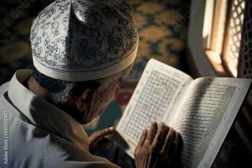 Muslim elder sitting in masjid reading quran before prayer time at subdued dark light AI generated photo