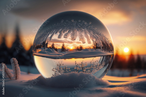 Frozen glass ball on snow close-up. Christmas card, magical sunset background, winter abstract wallpaper. Image is AI generated. Soap bubble with ice and refraction.